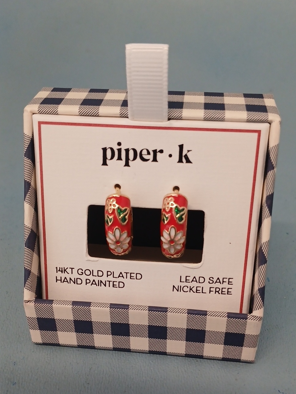 Piper·k Red Floral Huggie Earrings Cloisonne Style New In Box